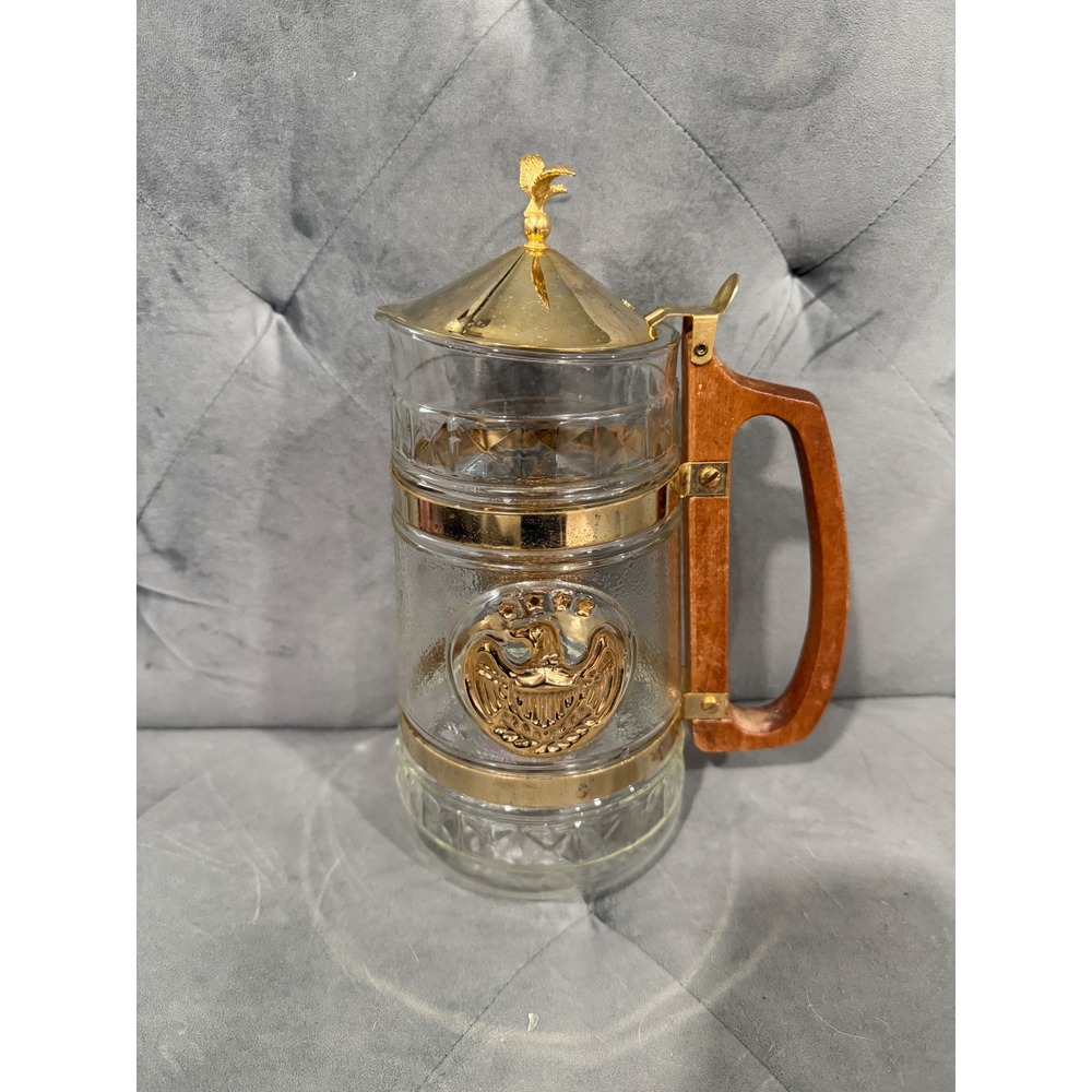 Vintage Glass Beer Stein with Eagle Emblem Gold Trim Wood Handle Hinged Lid